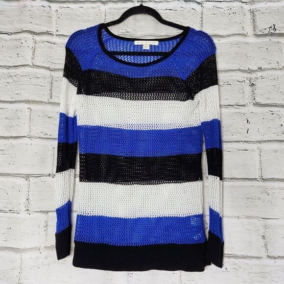 Boston Proper Women Striped Black Blue White Open Knit Pullover Sweater Small - Picture 1 of 11